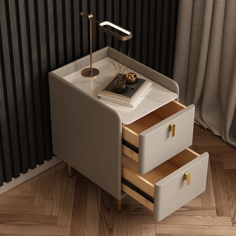Contemporary Nordic Rectangular Faux Leather Solid Wood Pine Wood Carbon Steel Nightstand 2-Drawer For Bedroom