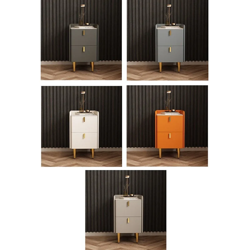Contemporary Nordic Rectangular Faux Leather Solid Wood Pine Wood Carbon Steel Nightstand 2-Drawer For Bedroom