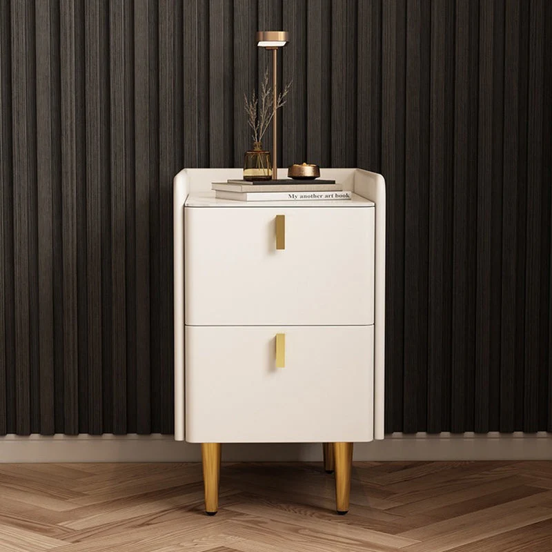 Contemporary Nordic Rectangular Faux Leather Solid Wood Pine Wood Carbon Steel Nightstand 2-Drawer For Bedroom