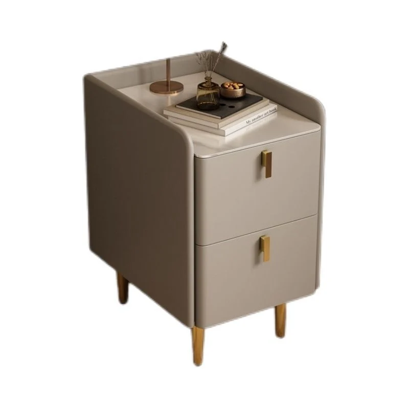 Contemporary Nordic Rectangular Faux Leather Solid Wood Pine Wood Carbon Steel Nightstand 2-Drawer For Bedroom