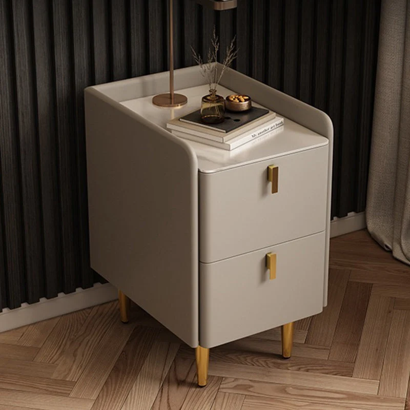 Contemporary Nordic Rectangular Faux Leather Solid Wood Pine Wood Carbon Steel Nightstand 2-Drawer For Bedroom