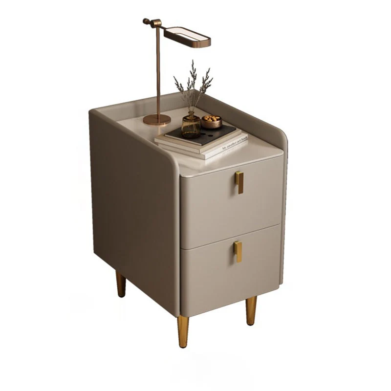 Contemporary Nordic Rectangular Faux Leather Solid Wood Pine Wood Carbon Steel Nightstand 2-Drawer For Bedroom