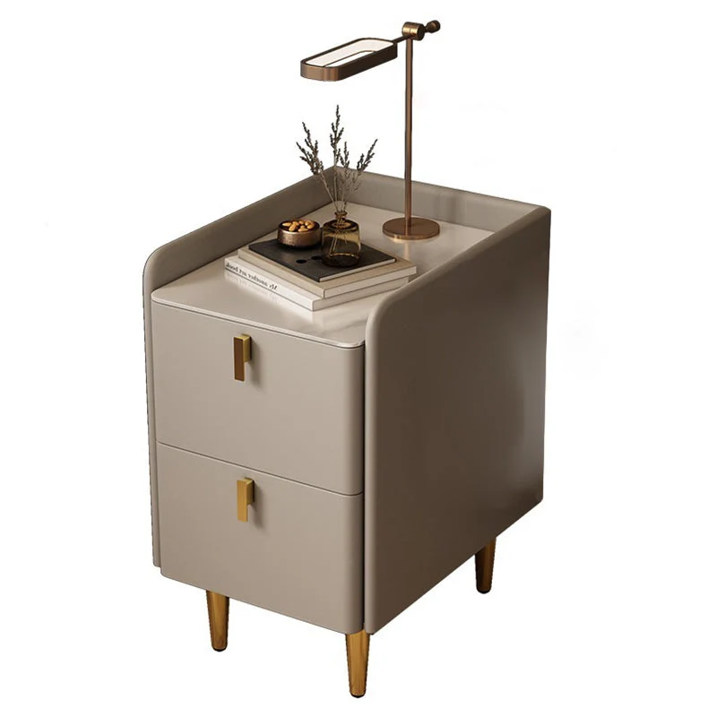 Contemporary Nordic Rectangular Faux Leather Solid Wood Pine Wood Carbon Steel Nightstand 2-Drawer For Bedroom