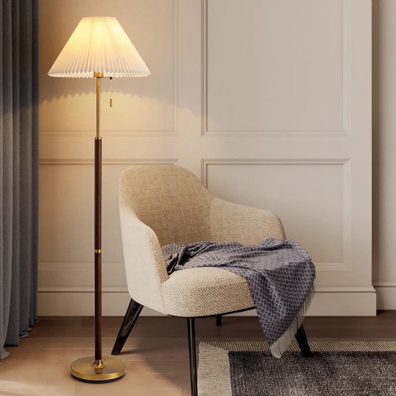 Traditional Vintage Round Table Pleated Iron Wood Fabric 1-Light Standing Floor Lamp For Living Room