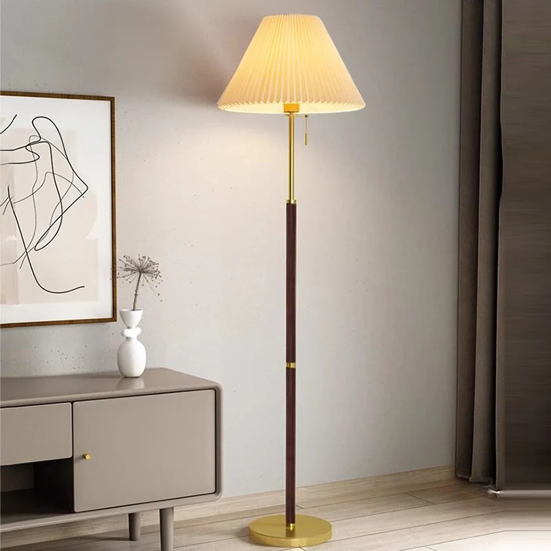 Traditional Vintage Round Table Pleated Iron Wood Fabric 1-Light Standing Floor Lamp For Living Room