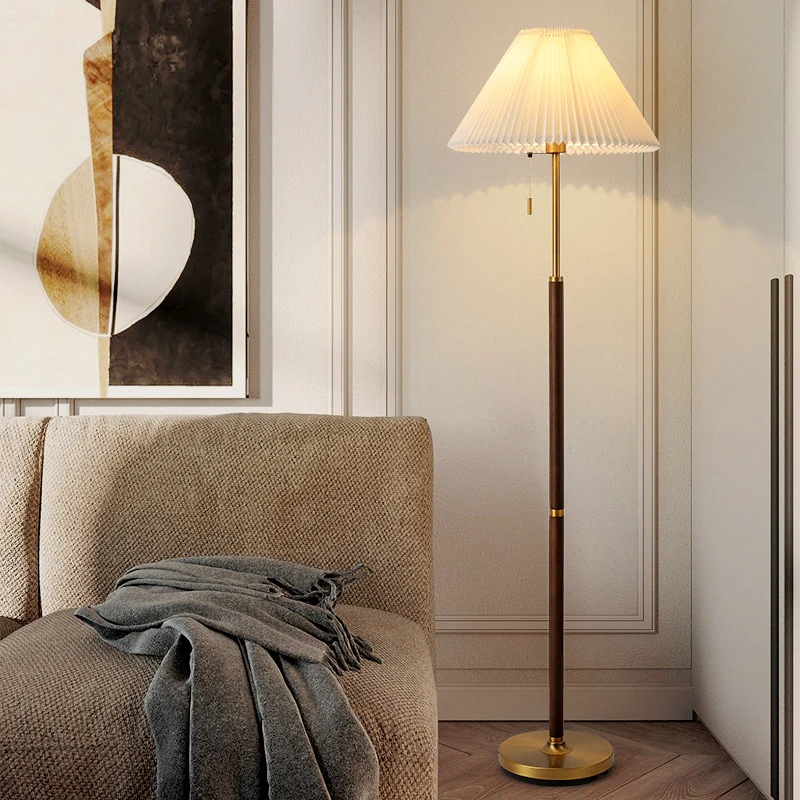 Traditional Vintage Round Table Pleated Iron Wood Fabric 1-Light Standing Floor Lamp For Living Room