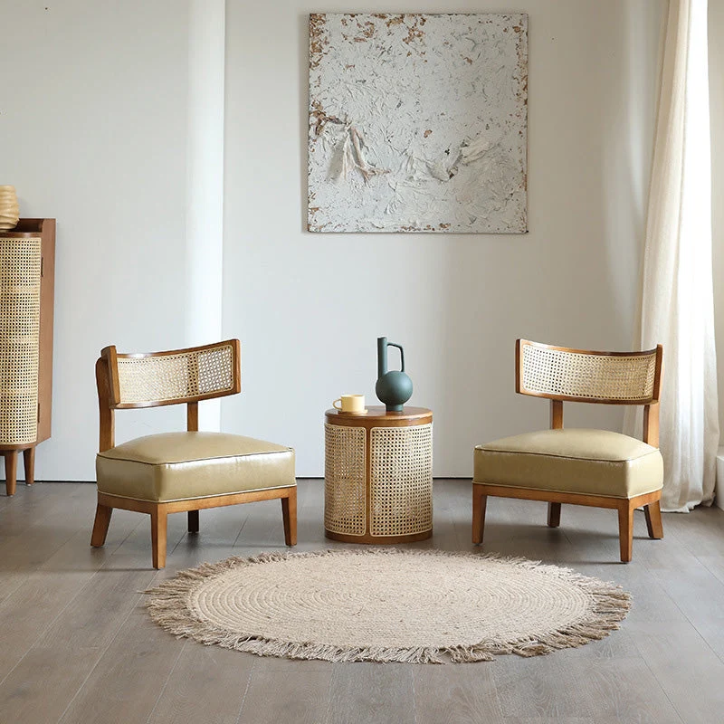 Contemporary Nordic Square Curved Ash Wood & Plywood Rattan Microfiber Leather Accent Chair Backrest For Living Room