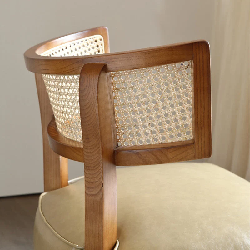 Contemporary Nordic Square Curved Ash Wood & Plywood Rattan Microfiber Leather Accent Chair Backrest For Living Room