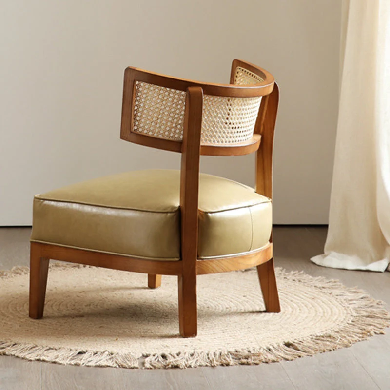 Contemporary Nordic Square Curved Ash Wood & Plywood Rattan Microfiber Leather Accent Chair Backrest For Living Room