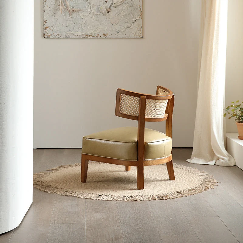 Contemporary Nordic Square Curved Ash Wood & Plywood Rattan Microfiber Leather Accent Chair Backrest For Living Room