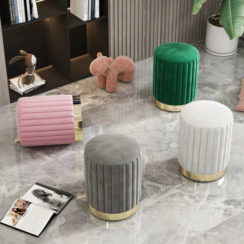 Modern Minimalist Round Velvet Top Iron Plywood Base Vanity Stool For Bedroom