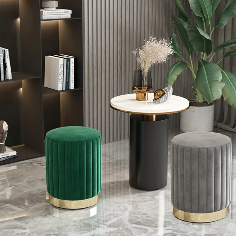 Modern Minimalist Round Velvet Top Iron Plywood Base Vanity Stool For Bedroom