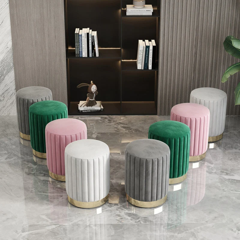Modern Minimalist Round Velvet Top Iron Plywood Base Vanity Stool For Bedroom