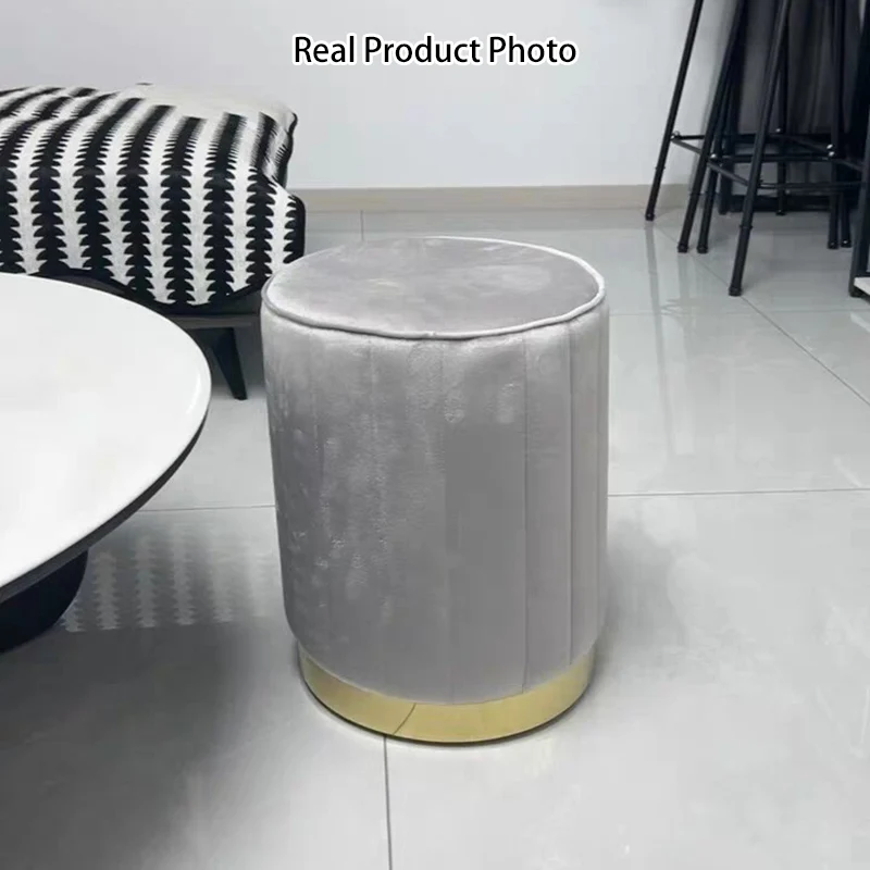 Modern Minimalist Round Velvet Top Iron Plywood Base Vanity Stool For Bedroom