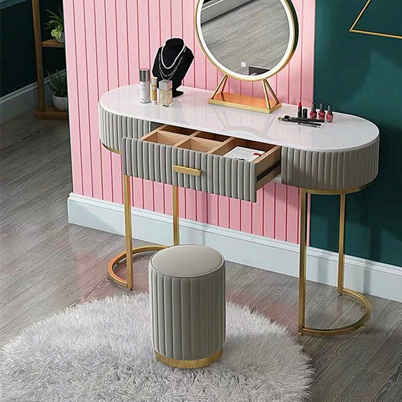 Modern Minimalist Round Velvet Top Iron Plywood Base Vanity Stool For Bedroom