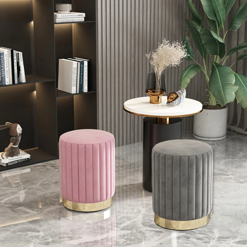 Modern Minimalist Round Velvet Top Iron Plywood Base Vanity Stool For Bedroom