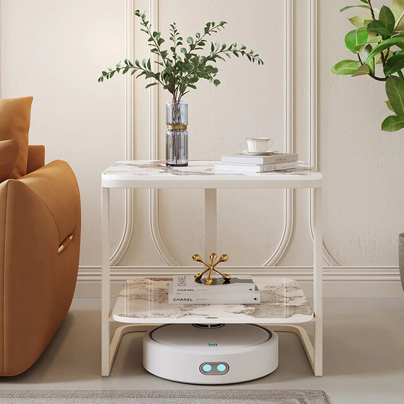 Modern Minimalist Square Sintered Stone Carbon Steel Side Table 2-Tier For Living Room