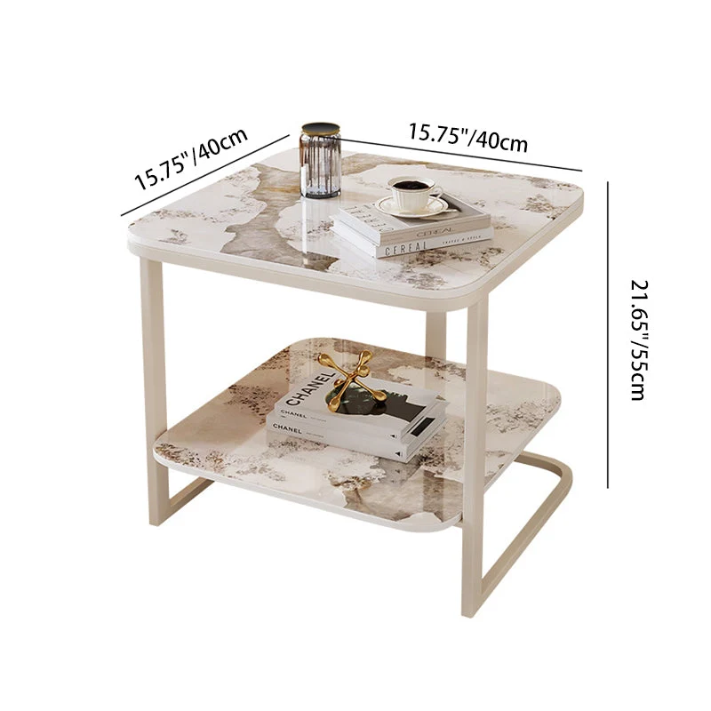 Modern Minimalist Square Sintered Stone Carbon Steel Side Table 2-Tier For Living Room