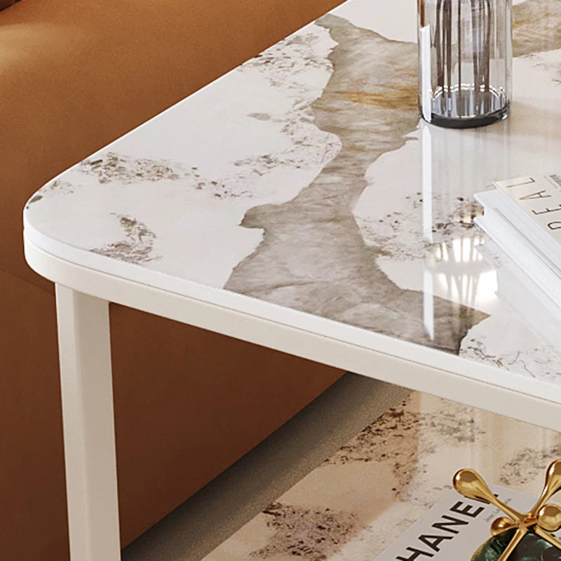 Modern Minimalist Square Sintered Stone Carbon Steel Side Table 2-Tier For Living Room