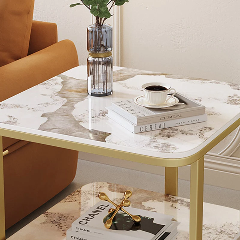 Modern Minimalist Square Sintered Stone Carbon Steel Side Table 2-Tier For Living Room