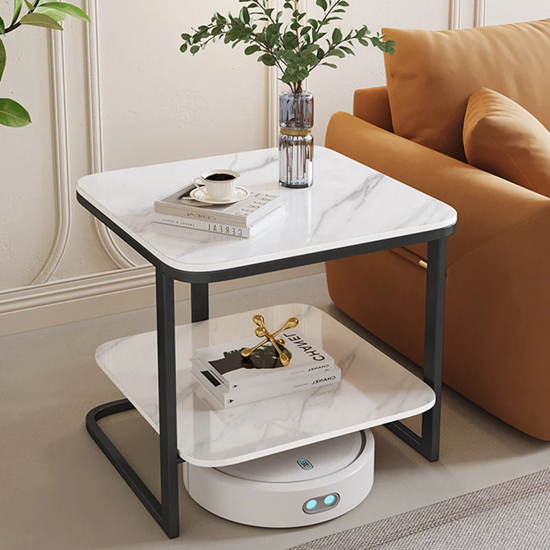 Modern Minimalist Square Sintered Stone Carbon Steel Side Table 2-Tier For Living Room