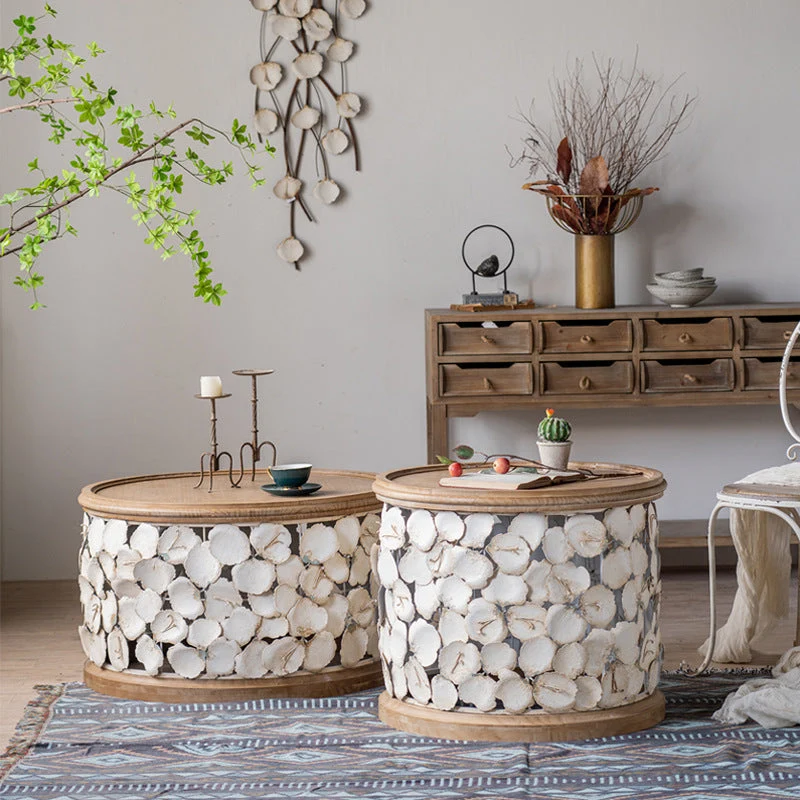 Modern Art Deco Round Petals Wood Iron Coffee Table 1-Tier For Living Room