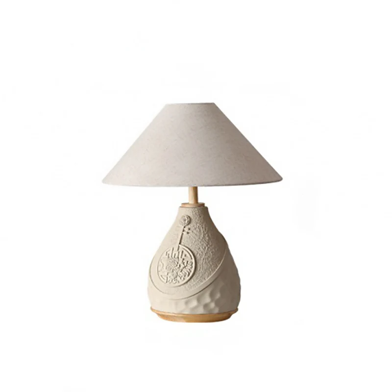 Traditional Vintage Cement Fabric Conic Flower Carved Pot 1-Light Table Lamp For Bedside