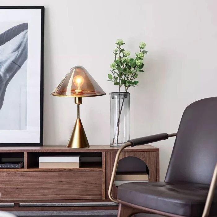 Contemporary Luxury Glass Conical Shade Metal Base 1-Light Table Lamp For Bedroom