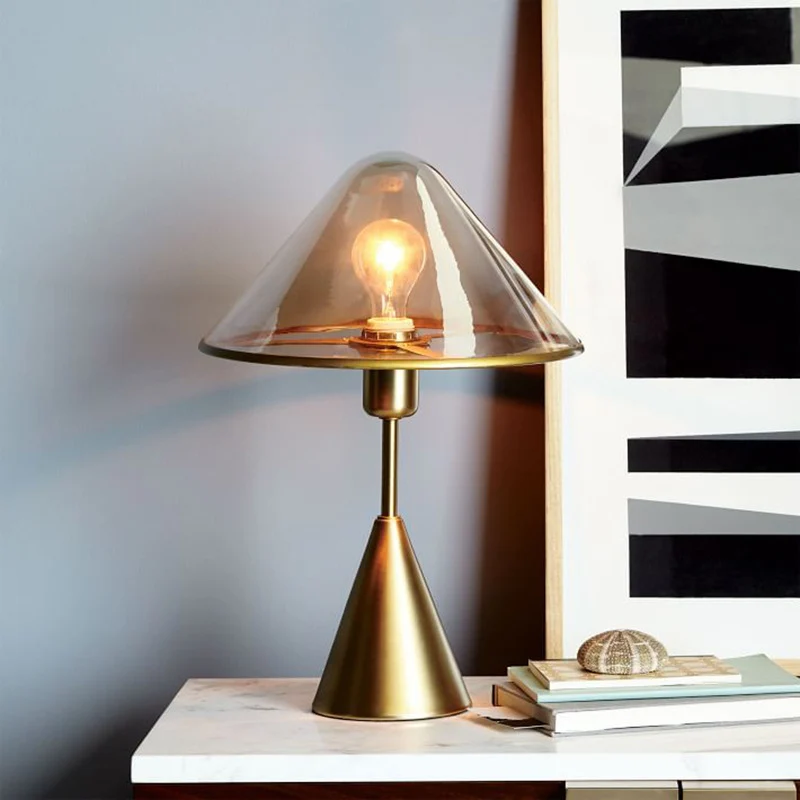Contemporary Luxury Glass Conical Shade Metal Base 1-Light Table Lamp For Bedroom