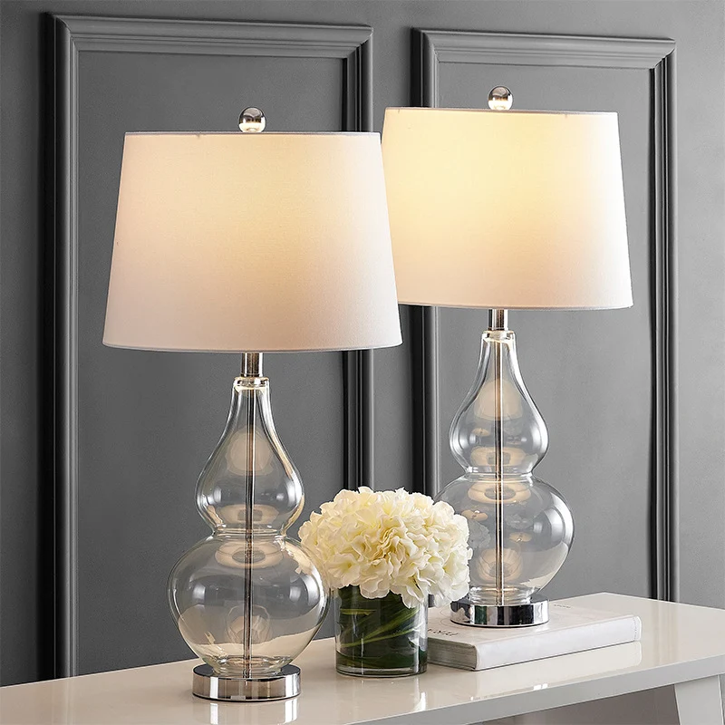 Contemporary Creative Double Gourd Glass Fabric Round Shade 1-Light Table Lamp For Study