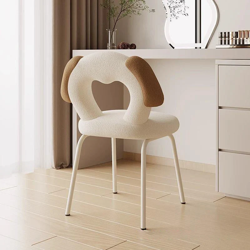 Modern Art Deco Hollow Dog Square Sherpa Fabric Wood Metal Vanity Stool Backrest Armless For Bedroom