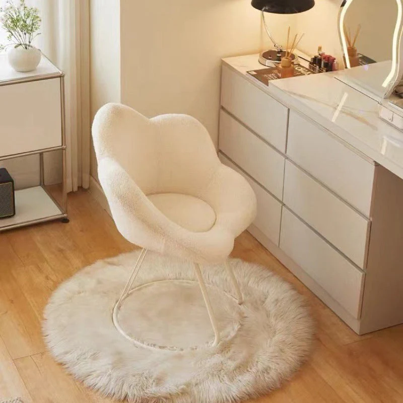 Modern Minimalist Plum Round Sherpa Fabric Metal Vanity Stool Backrest Armless For Bedroom