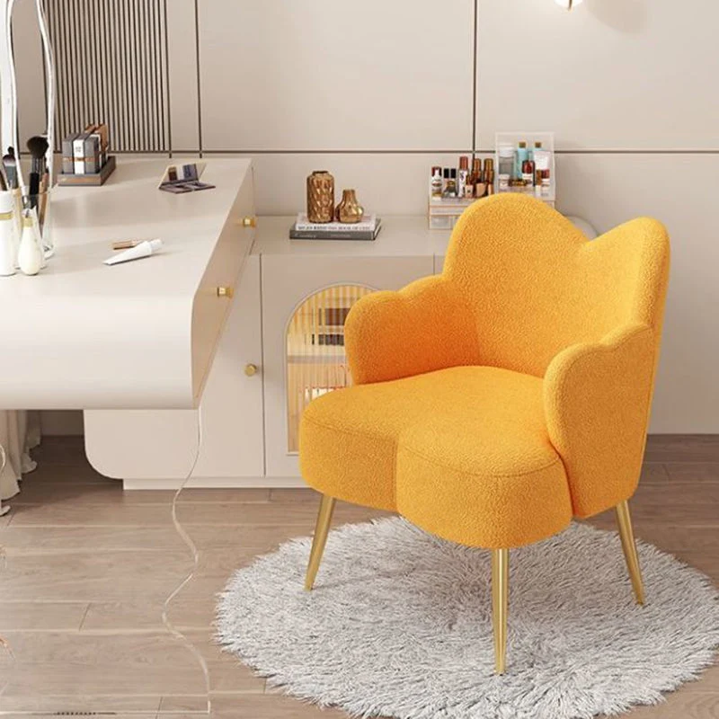 Modern Minimalist Cream Curve Sherpa Fabric Metal Vanity Stool Backrest Arm For Bedroom