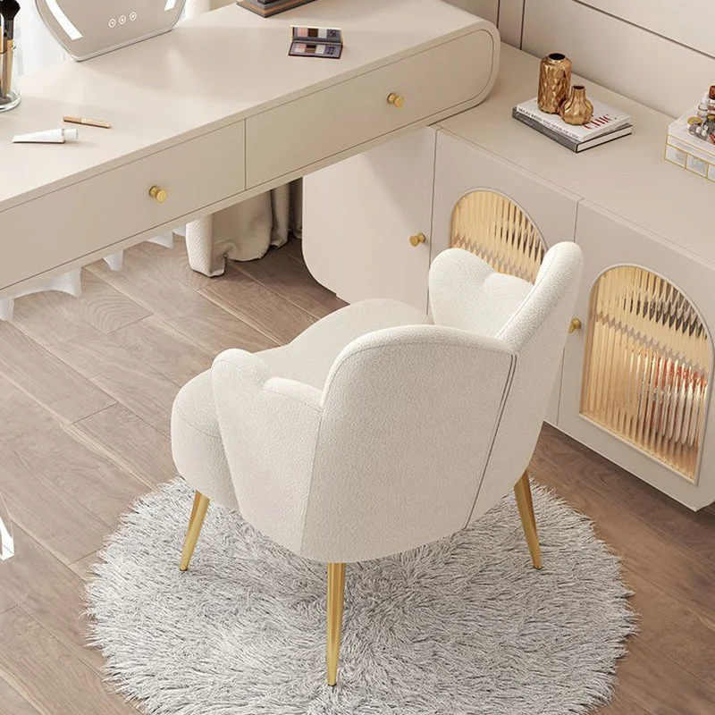Modern Minimalist Cream Curve Sherpa Fabric Metal Vanity Stool Backrest Arm For Bedroom