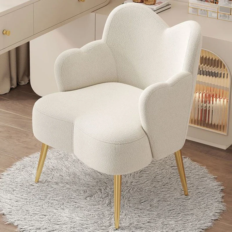 Modern Minimalist Cream Curve Sherpa Fabric Metal Vanity Stool Backrest Arm For Bedroom