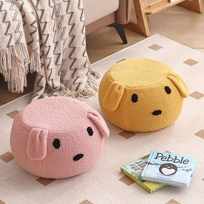 Modern Art Deco Round Teddy Fleece Plywood Low Stool Backless Armless For Living Room