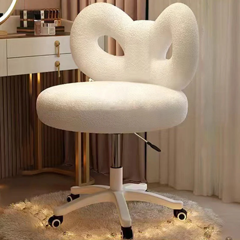 Modern Art Deco Butterfly Knot Round Sherpa Fabric Faux Leather Metal Vanity Stool Backrest Armless For Bedroom