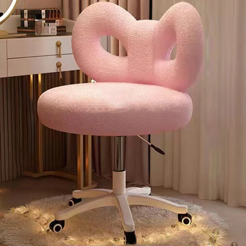 Modern Art Deco Butterfly Knot Round Sherpa Fabric Faux Leather Metal Vanity Stool Backrest Armless For Bedroom