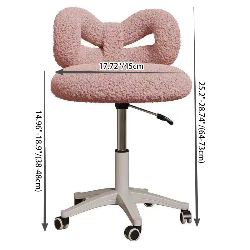 Modern Art Deco Butterfly Knot Round Sherpa Fabric Faux Leather Metal Vanity Stool Backrest Armless For Bedroom