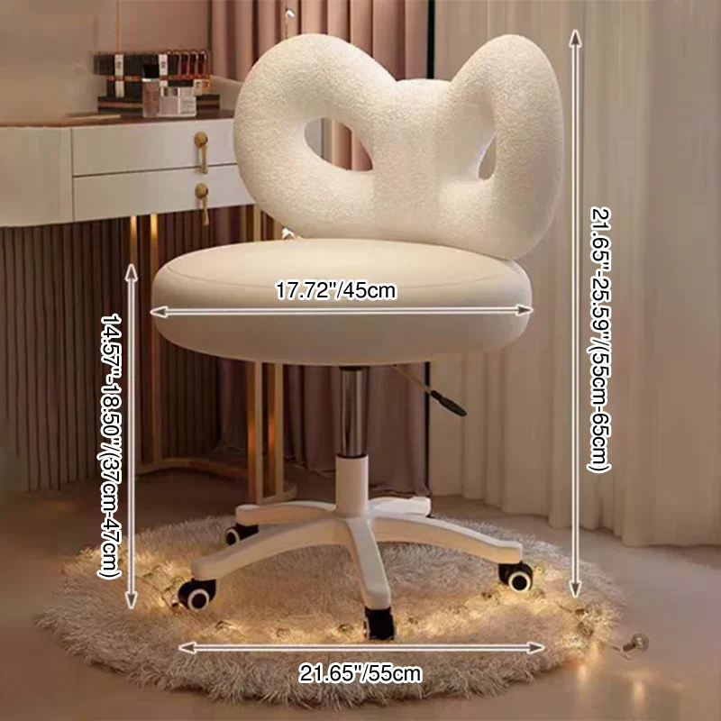 Modern Art Deco Butterfly Knot Round Sherpa Fabric Faux Leather Metal Vanity Stool Backrest Armless For Bedroom