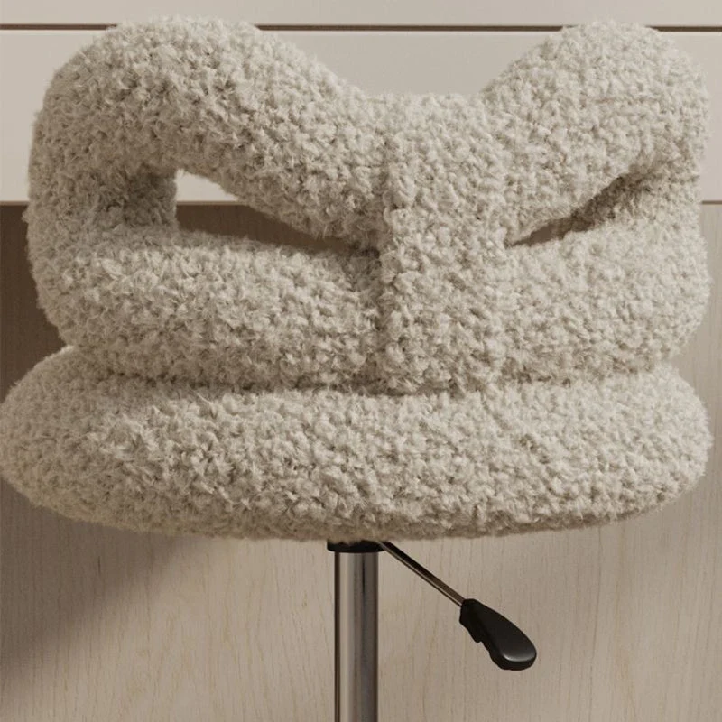 Modern Art Deco Butterfly Knot Round Sherpa Fabric Faux Leather Metal Vanity Stool Backrest Armless For Bedroom