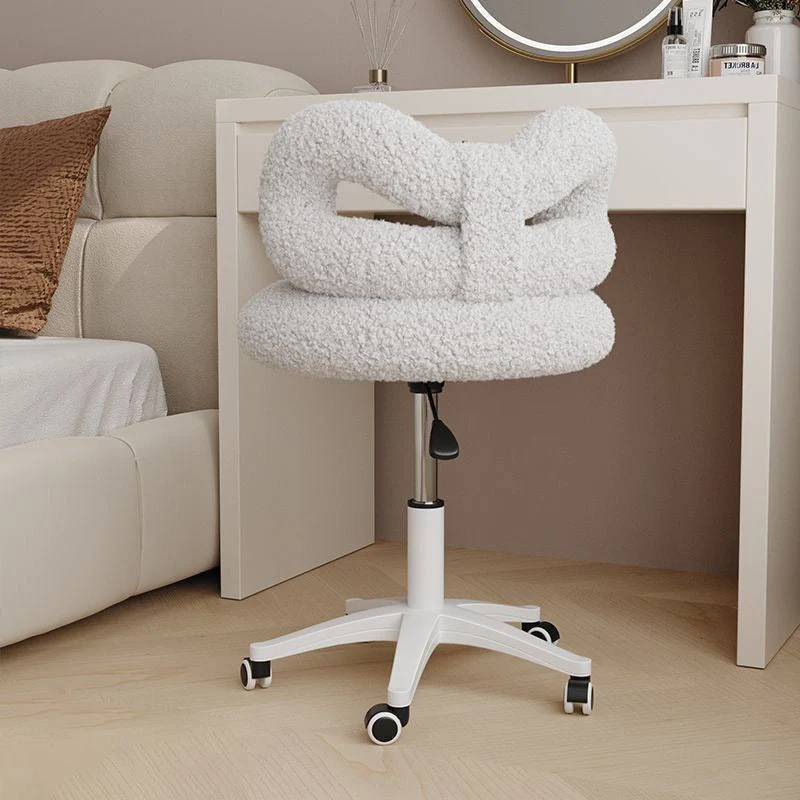 Modern Art Deco Butterfly Knot Round Sherpa Fabric Faux Leather Metal Vanity Stool Backrest Armless For Bedroom
