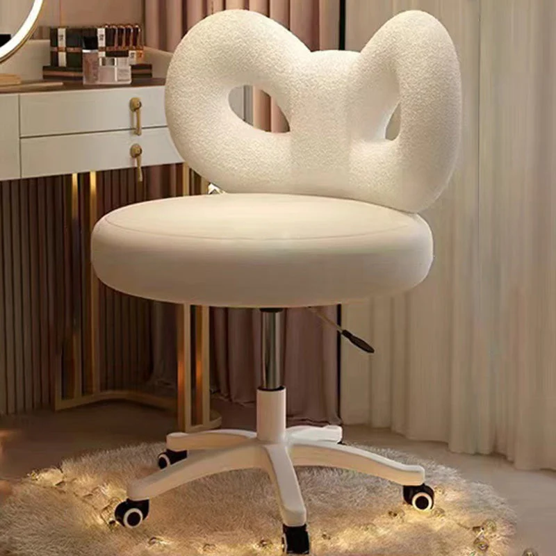 Modern Art Deco Butterfly Knot Round Sherpa Fabric Faux Leather Metal Vanity Stool Backrest Armless For Bedroom