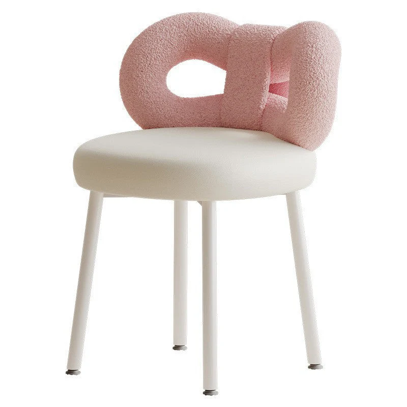 Modern Art Deco Butterfly Knot Round Sherpa Fabric Faux Leather Metal Vanity Stool Backrest Armless For Bedroom