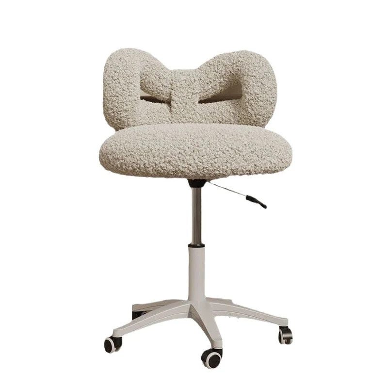 Modern Art Deco Butterfly Knot Round Sherpa Fabric Faux Leather Metal Vanity Stool Backrest Armless For Bedroom