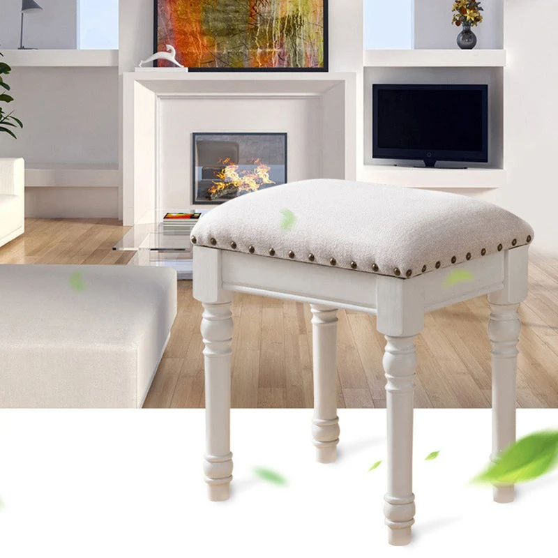 Contemporary Scandinavian Square Linen Faux Leather Rubberwood Vanity Stool Backless Armless For Bedroom
