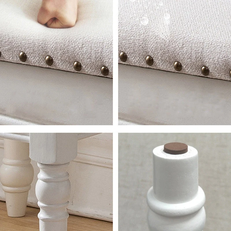 Contemporary Scandinavian Square Linen Faux Leather Rubberwood Vanity Stool Backless Armless For Bedroom