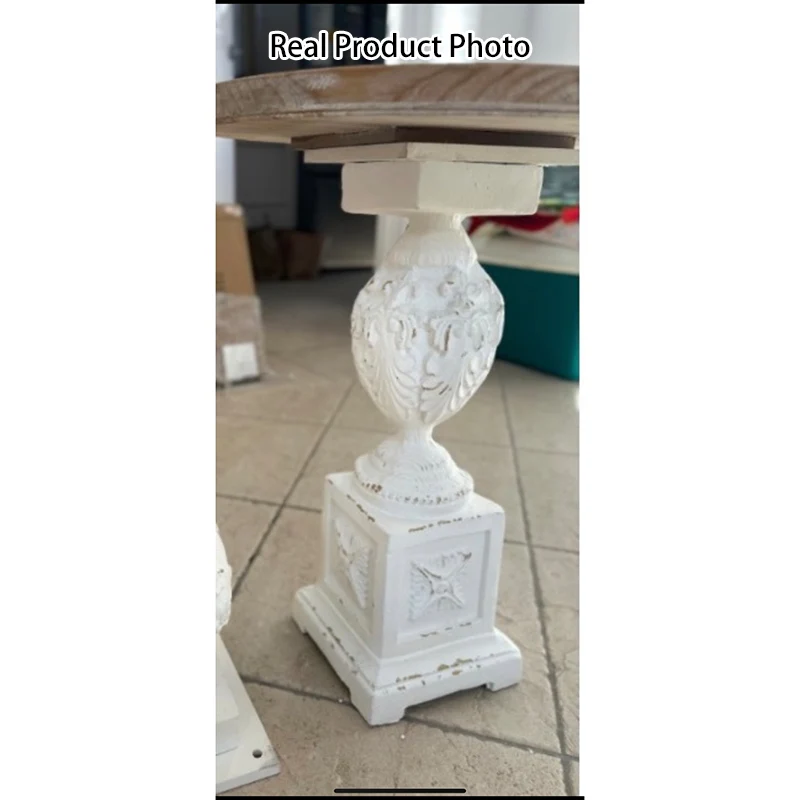 Traditional French Round Square Base Carved Magnesium Oxide Chinese Fir End Table For Living Room