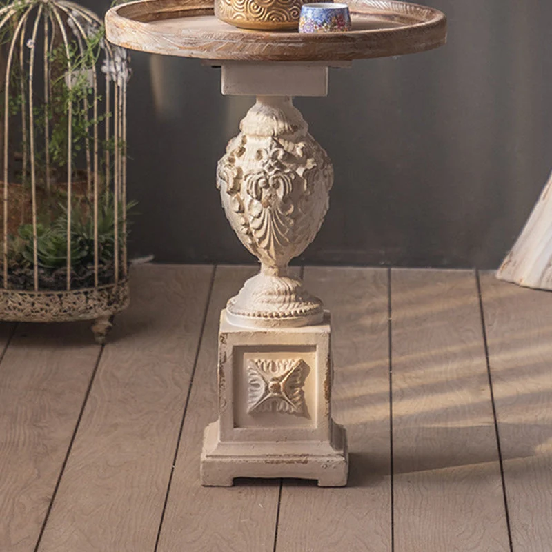 Traditional French Round Square Base Carved Magnesium Oxide Chinese Fir End Table For Living Room