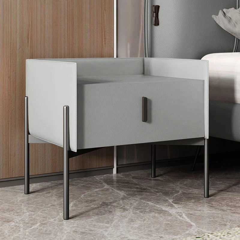 Contemporary Scandinavian Rectangular Microfiber Leather Carbon Steel Metal 1-Drawer For Bedside
